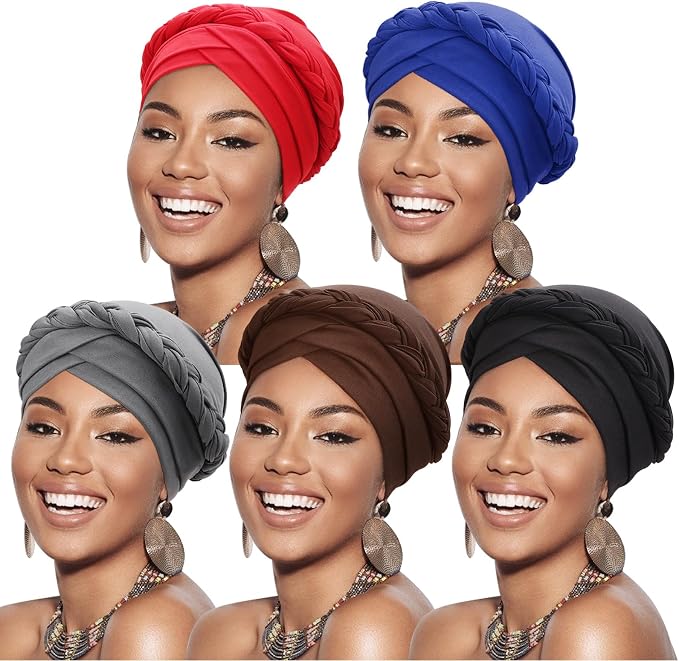 DRESHOW African Women Turban Caps Beanie Twist Headscarf Pre-Tied Twisted Braid Headwraps for Women Chemo Cancer Cap