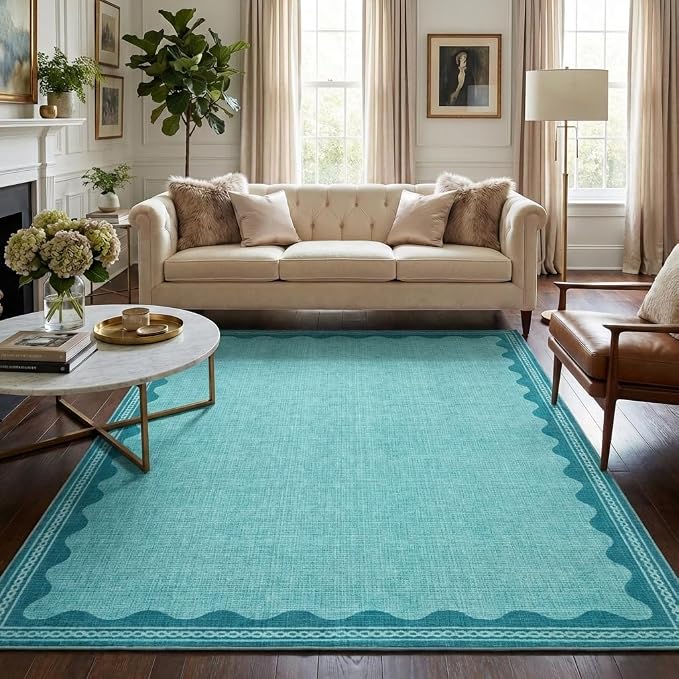 GarveeHome Scalloped Teal Washable Rugs 6x9 Rug for Living Room Solid Modern Minimalism Soft Low-Pile Carpet for Bedroom Dining Nursery Non Slip TPE Backing