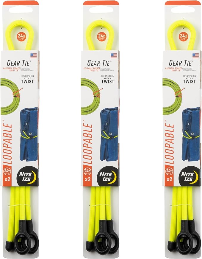 Nite Ize Gear Tie Loopable Twist Tie - Reusable & Flexible Twist Ties - Bendable Cable Ties for Gear & Cords - Loopable for Secure Fastening - 24", Neon Yellow (3 Pack)