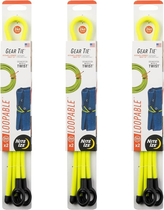 Nite Ize Gear Tie Loopable Twist Tie - Reusable & Flexible Twist Ties - Bendable Cable Ties for Gear & Cords - Loopable for Secure Fastening - 24", Neon Yellow (3 Pack)