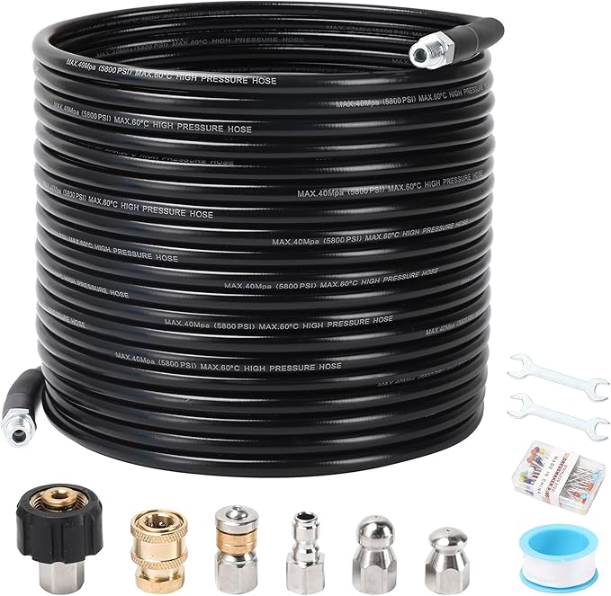 Sewer Jetter Kit for Pressure Washer, 100FT Drain Cleaning Hose with Corner Rotating and Button Nose Nozzles, 1/4" NPT Sewer Jet Nozzle Set with Spanner, Tape, Pins, 5800 PSI