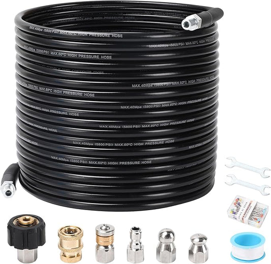 Sewer Jetter Kit for Pressure Washer, 100FT Drain Cleaning Hose with Corner Rotating and Button Nose Nozzles, 1/4" NPT Sewer Jet Nozzle Set with Spanner, Tape, Pins, 5800 PSI