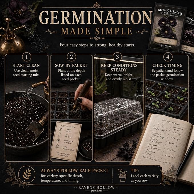 Ravens Hollow Garden Gothic Garden Seed Collection, 6 Open-Pollinated Flower & Foliage Varieties