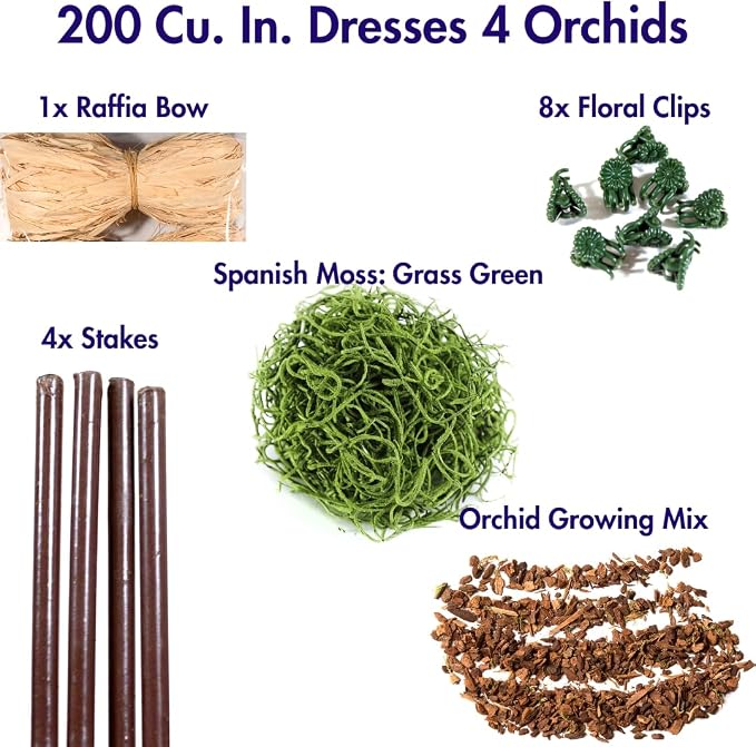 SuperMoss (90451) Orchid Potting Kit, Complete Orchid Care Set with Preserved Moss, Orchid Bark, Floral Clips and Stakes, 200 Cu. in., Spanish Moss, Green