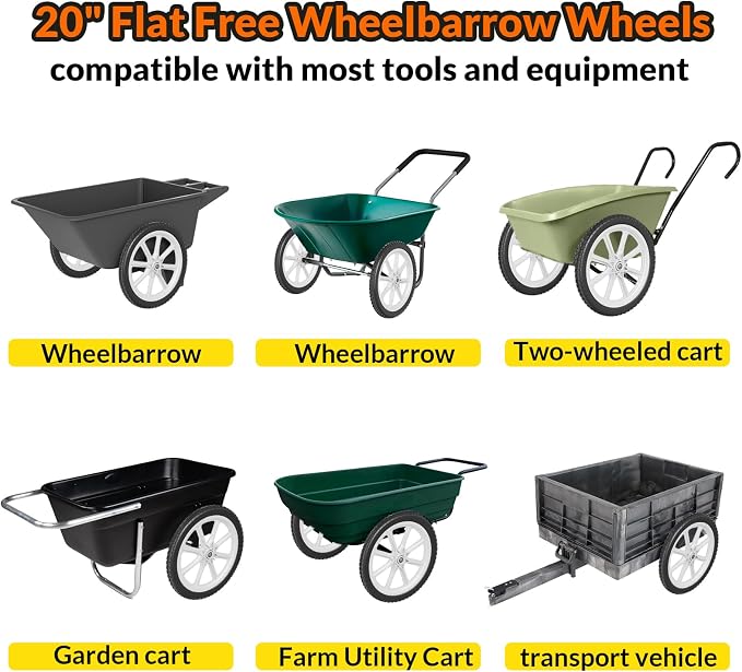 RONPOW 20 Inch Flat Free Wheelbarrow Wheels Compatible with rubbermaid Wheelbarrows Cart Tires, 5/8" Bearings and 3/4" Bearings, Replacement Wheelbarrow Wheels Garden Yard Carts, 400Lbs, 2Pack White