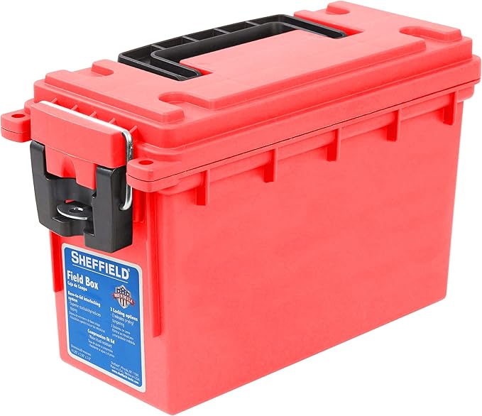 Sheffield Ammo Box Made in USA, Stackable Lockable Ammo Storage Box, Red | Lockable Storage Box, Water and Dust Resistant Dry Box, Secures Hunting Gear, Gun Accessories, Supplies, and Bullets