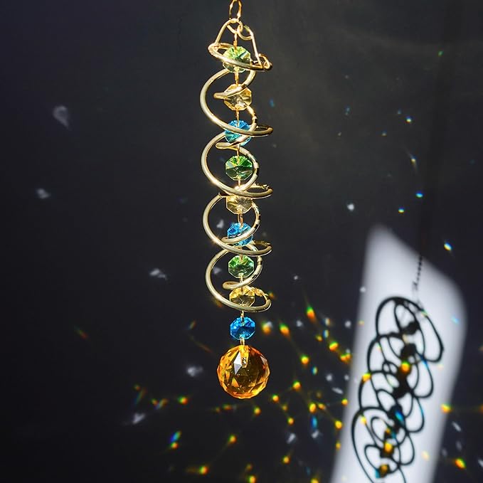 20.5in Yellow Crystal Gazing Ball Spiral Wind Spinner Suncatcher Decor | Yellow Crystal Ball Gazing Spiral Wind Spinner Rainbow Maker Sun Catcher Hanging for Outdoor Garden Patio Indoor Decor