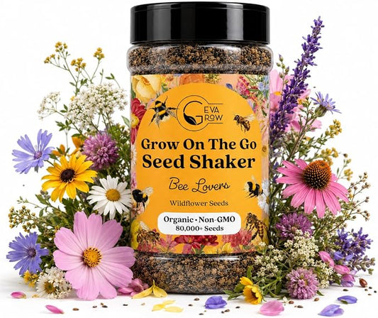 Mini Wildflower Seed Shaker - Save The Bees Seed Mix, by GevaGrow | 80,000+ Seeds | Pollinator & Bee Attracting Flower Seeds Bulk for Planting in Pots & Outdoor Gardens | 2 Ounce