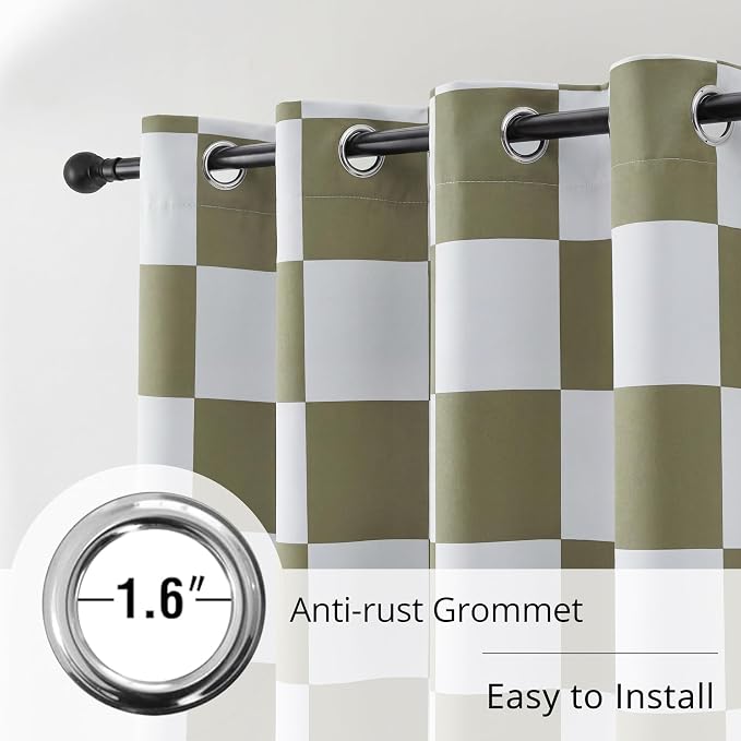 100% Blackout Checkered Curtains – 2 Panels, Each W52×L84, Thermal Insulated, Nosie Reducing for Bedroom, Modern Sage and White Checkerboard Design