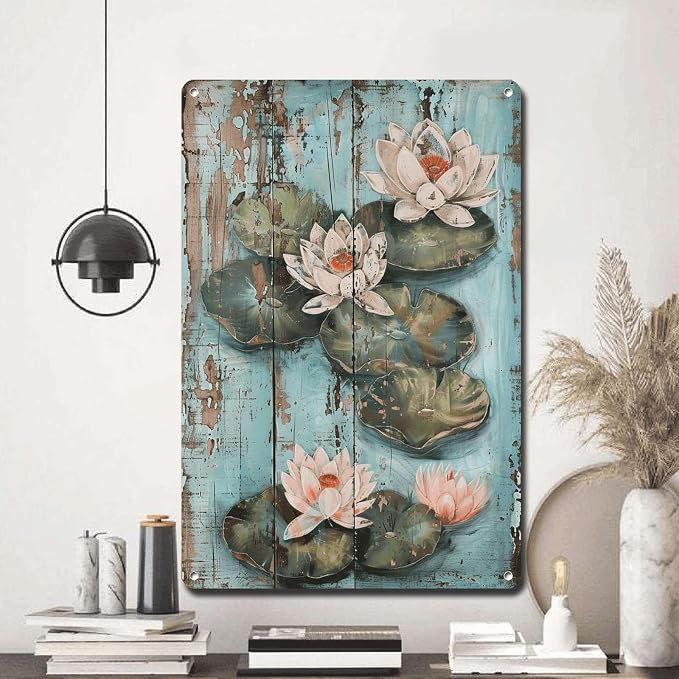 Metal Sign Tin Sign Vintage Wall Art Rustic Serenity Water Lilies Tin Sign for Easy Installation Weather Resistant Design and Vintage Bathroom Signs Decor for Home Decor 6×8 Inches