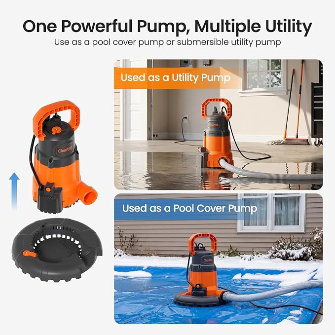 Cleartide Smart Automatic Water Pool Cover Pump,Submersible Pump Removes Water from Inground/Above Ground Winter Swimming Pools, 1/3 HP 2790 GPH, Auto On/Off & Freeze Protection, 25ft Cord, 120V AC