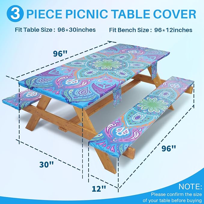 Jobunai Picnic Table Cover with Bench Covers Non Slip Waterproof Vinyl Tablecloth for 8 Foot Rectangle Tables Gardening Needs Camping Rv Roadtrip Items for Tent Camper Gift for Teen Woman Man