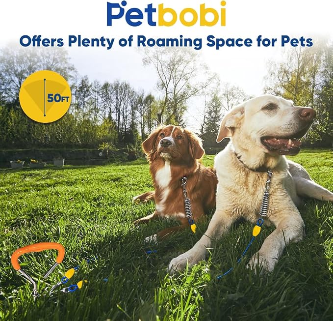 Petbobi Dog Tie-Out Cable and Stake - 50ft Heavy Duty Cable with Spring, No Tangle, 16in Ground Stake, Ideal for Outdoor Yard, Camping, Suitable for Small Medium Large Dogs Up to 120 lbs, Blue