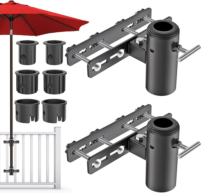 Dolibest Heavy Duty Deck Railing Umbrella Holder, Patio Umbrella Stand & 3 Sleeves for 1-1.9" Poles, Serrated Locking Design for Horizontal/Vertical Rails Mount, Space Saver for Balcony, Fence -1 Set