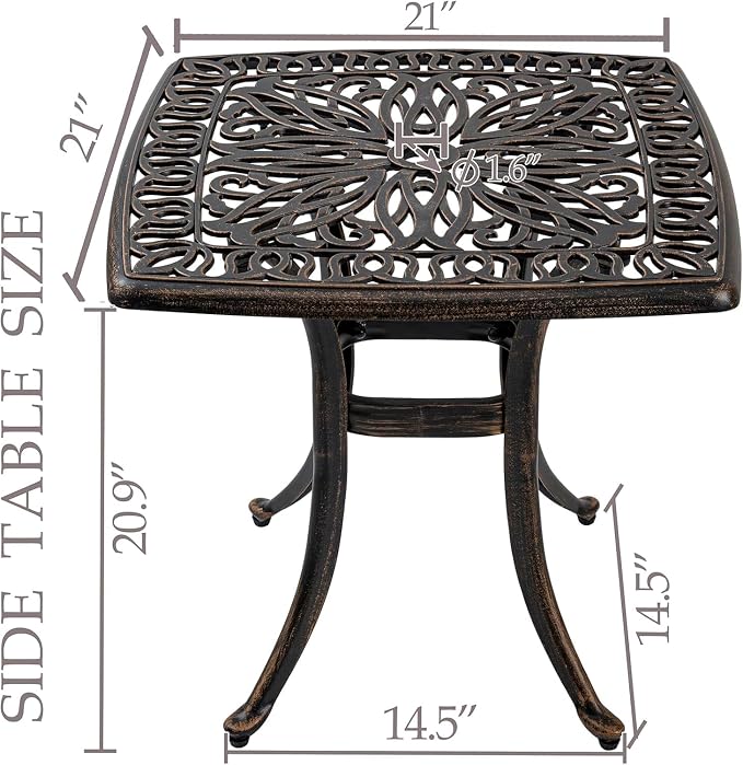 Outdoor 21" Cast Aluminum Square Side Table Set of 2 End Table for Patio, Backyard, Pool, Indoor Companion, Easy Maintenance and Weather Resistant, Bronze (Bronze)