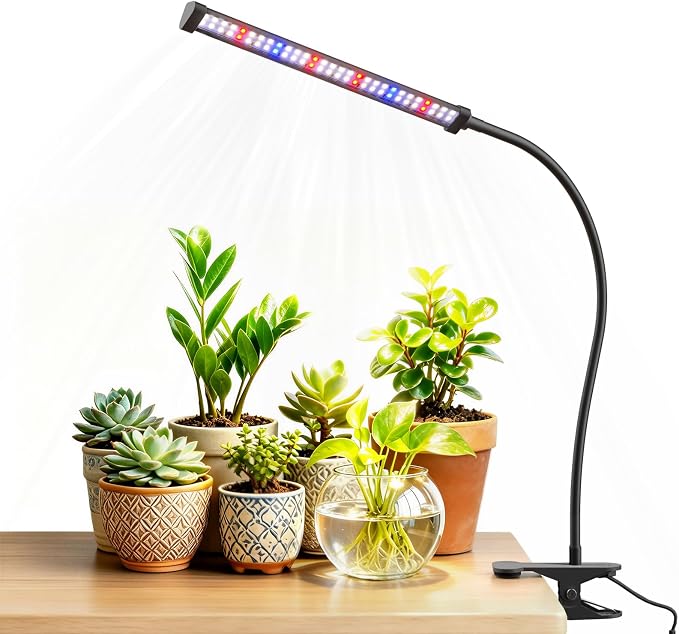 LED Grow Light, 5700K Full Spectrum Clip Plant Growing Lamp with Red Blue White LEDs for Indoor Plants, 5-Levels Dimmable, Auto On Off Timing 4/8/12/18Hrs(Single Head)