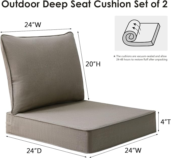 Unimatta Sunbrella Outdoor Patio Chair Cushions Set, 24" x 24", Set of 2, Water-Repellent, Fade Resistant, Deep Seat Cushion for Backyard, Couch, Sofa and Patio Furniture, Cast Shale