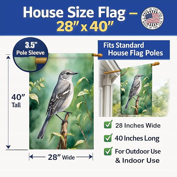 Caroline's Treasures Tennessee Northern Mockingbird House Flag Large Porch Sleeve Pole Decorative Outside Yard Banner Artwork Wall Hanging, Polyester, House Size, Multicolor