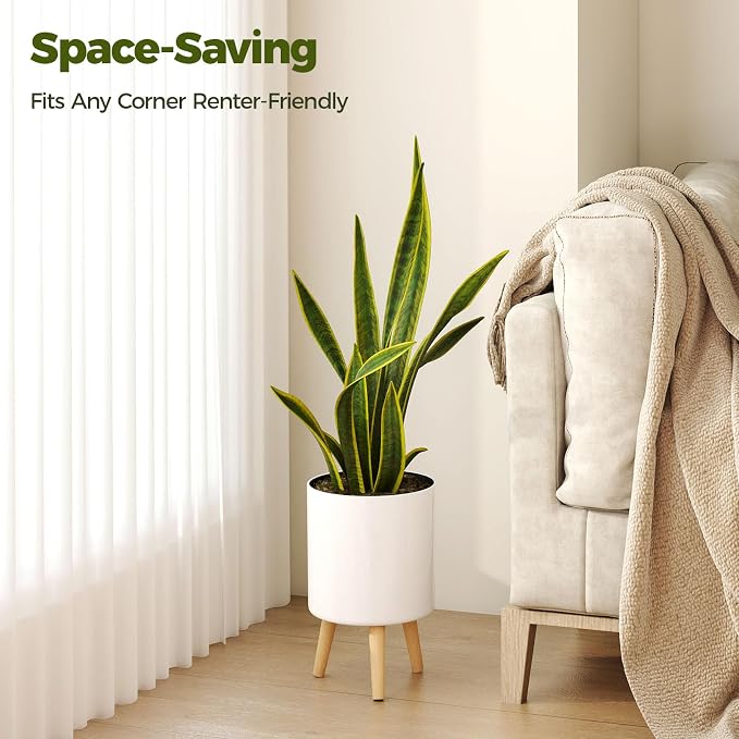 Bamworld Self Watering Pots for Indoor Plants with Water Level Indicator 8 inch Plant Pot Plastic Planter with Wooden Stand for Outdoor Plants Modern Décor for Porch Patio White Small