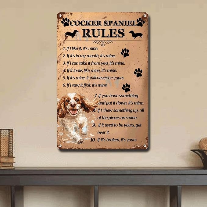 Metal Sign Tin Sign Vintage Wall Art Cocker Spaniel Rules Vintage Sign for Club 6×8 Inches