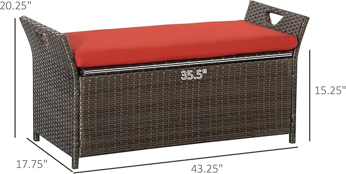 Outsunny 29 Gallon Patio Wicker Storage Bench, Outdoor PE Rattan Furniture, 2-in-1 Large Capacity Rectangle Garden Storage Box with Handles and Cushion, Red