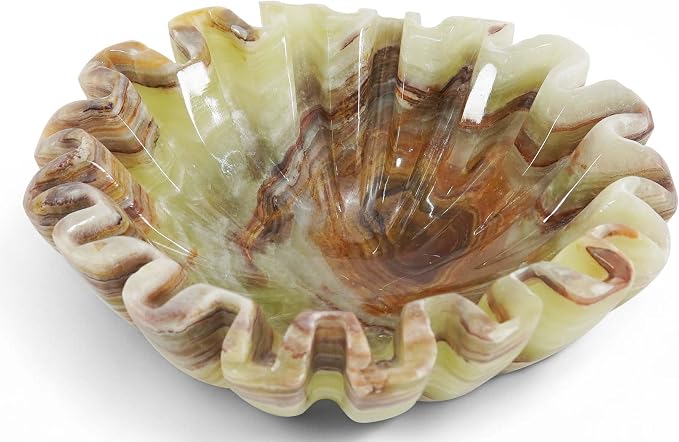 Marble Small Decorative Bowl 6 Inch Handmade Green Onyx Ruffle Bowl, Scalloped Bowls for Table Centerpieces & Gifts, Fluted Ring Dish, Fruit & Key Bowl for Entry Table