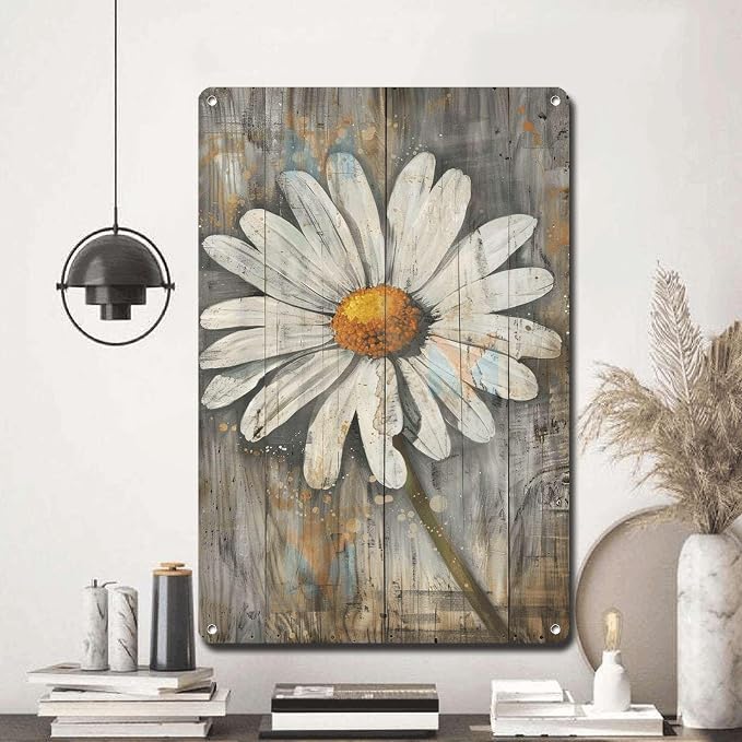 Metal Sign Tin Sign Vintage Wall Art Rustic Reminiscence Daisy Tin Sign for Easy Installation Weather Resistant Design and Vintage Ele Signs for Garden for Room 8×12 Inches