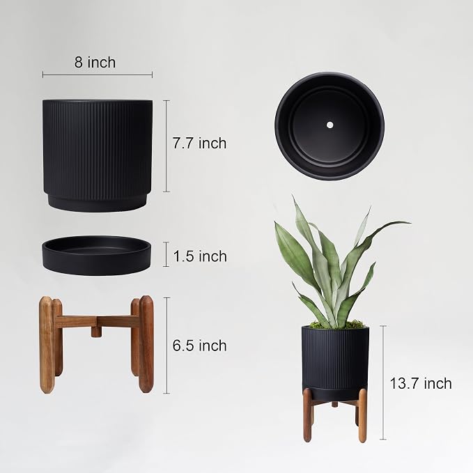 HERDUK 8 Inch Ceramic Planter with Natural Wood Stand w/Drainage & Saucer - Modern Indoor Planter for Cacti, Snake Plants & Aloe Vera Black