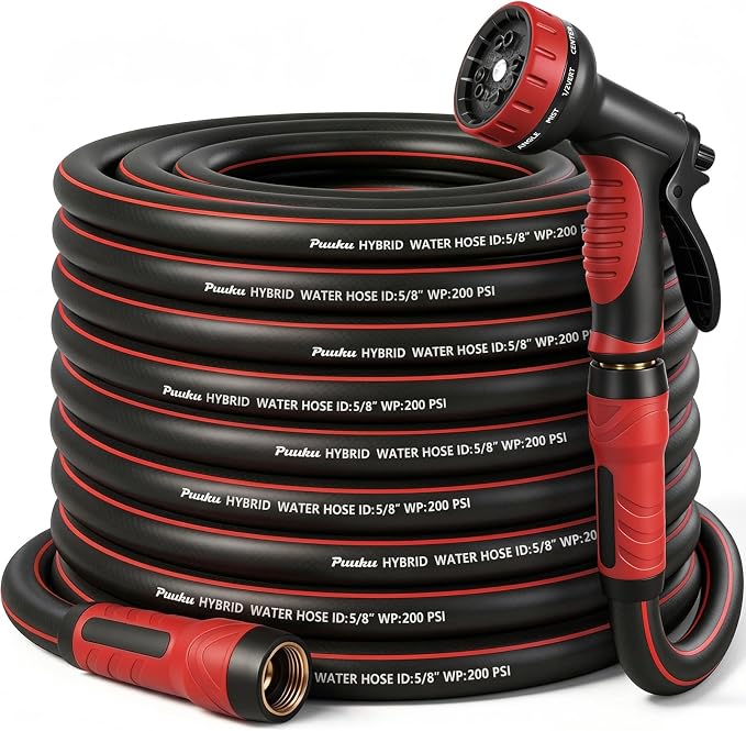 Garden Hose 50ft x 5/8", NON-EXPANDABLE Heavy Duty Premium Flexible Water Hose with 10 Function Spray Nozzle, No Kink, Leakproof, Lightweight Hybrid Hose with Swivel Handle, Male to Female Fittings