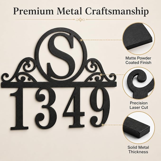 Personalized Metal Address Sign Custom House Number Plaque with Monogram Initial Decorative Scroll Numbers for Outside Front Door Porch Entryway Garden Patio Yard Decor