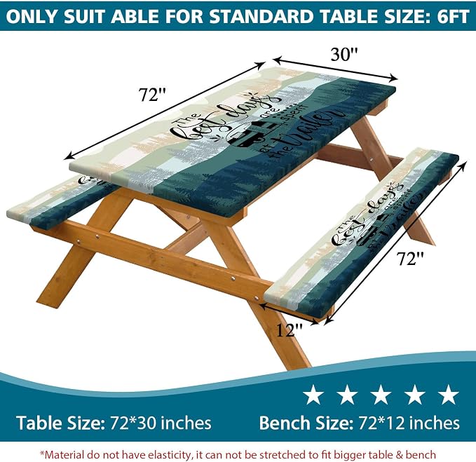 Picnic Table Cover Bench Elastic Edges, Green Blue Camping Forest Camper Fitted Table Cover, Outdoor Patio Camping Essentials 96 Inch 3PCS, Waterproof Camping Fitted Tablecloth with Drawstring Bag