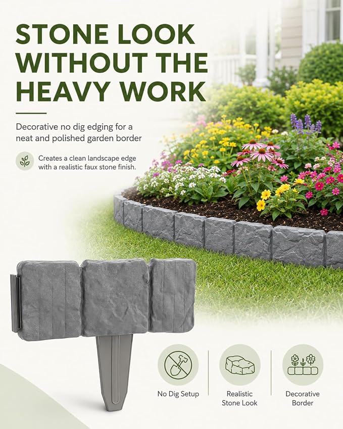 Faux Stone Garden Fence No Dig Landscape Edging Border (Black, 20pcs) | Plastic interlocking panels create a rock look for flower beds lawn pathways patio yard decor