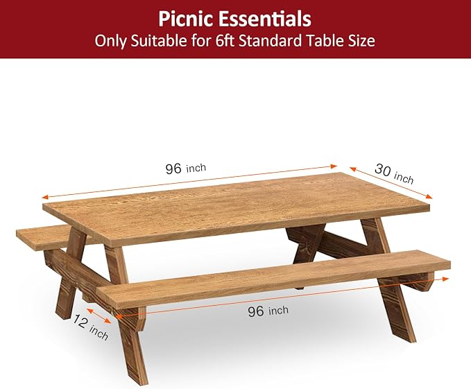 8ft Picnic Table and Bench Cover, Camping Essentials RV Gear, 96 in Waterproof Windproof Outdoor Elastic All Around Tablecloth, Fitted Rectangle Tables and Seats, Wood Grain