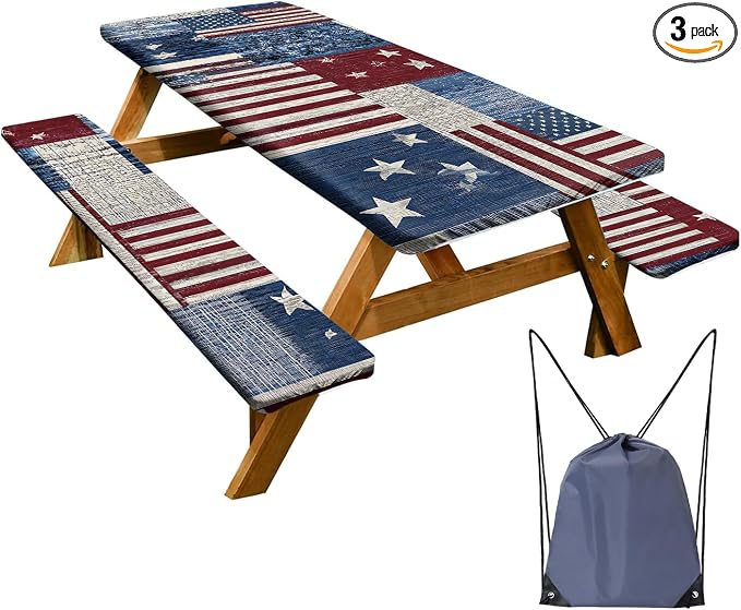 Patriotic Picnic Table Cover with Bench Covers Set of 3 - American Flag Patchwork Pattern, Elastic Fitted Tablecloth for 6 Ft Tables, Washable Polyester Cover for 4th of July, Camping & Outdoor