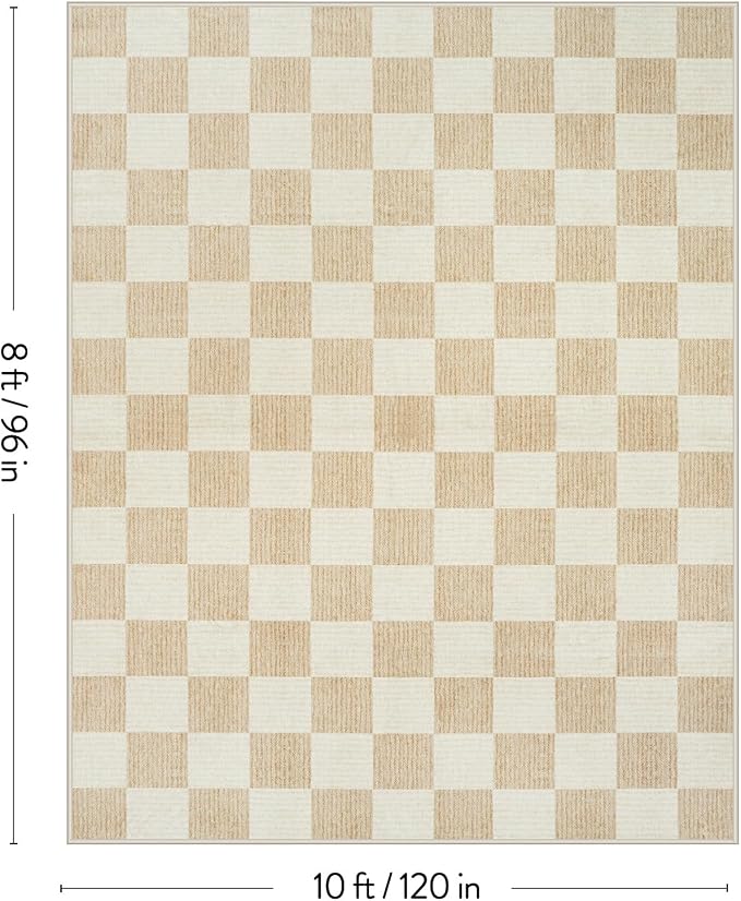 LIVEBOX 8x10 Area Rugs for Living Room, Checkered Non-Slip Washable Rugs, Farmhouse Neutral Classic Geometric Pattern Large Boys Area Rug for Bedroom, Carpet for Dining Room Office(Ivory,8'x10')
