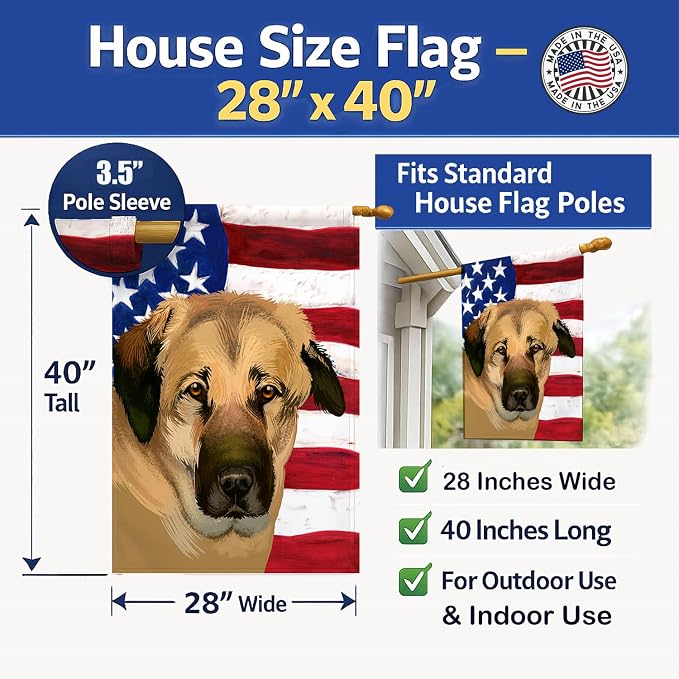 Caroline's Treasures CK6403CHF Anatolian Shepherd Dog American Flag House Flag Large Porch Sleeve Pole Decorative Outside Yard Banner Artwork Wall Hanging, Polyester, House Size, Multicolor