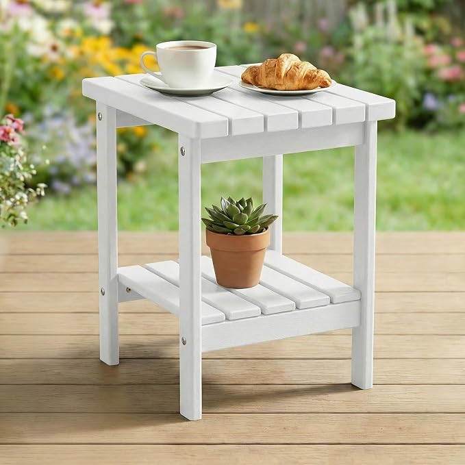 PASAMIC 2-Tier Adirondack Square Outdoor Side Table, HDPE Small Outdoor Table, Patio End Table for Patio, Pool, Backyard, Weather-Resistant (White)