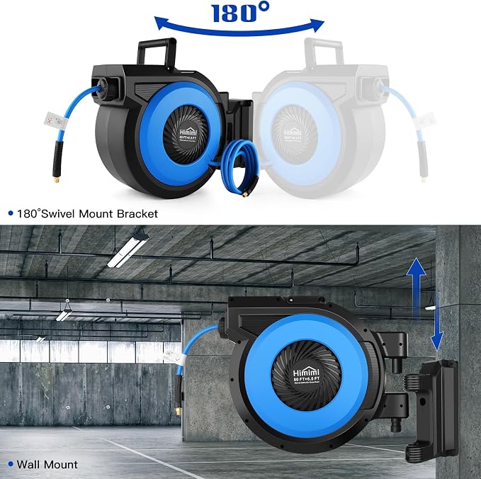 80FT + 6.5FT Retractable Air Hose Reel, Wall Mount Pneumatic Hose Reel for Garage Workshop, Automatic Rewind, 3/8" x 80' Hybrid Air Hose with Brass Fittings + Bend Restrictors, 300PSI