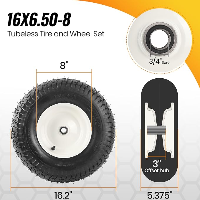 AR-PRO (2-Pack) 16x6.50-8 Tubeless Tire & Wheel Assembly for Garden Trailers and Utility Carts, 3" Offset Hub, 3/4" & 5/8" Bearings, 4-Ply, 615 lbs Load
