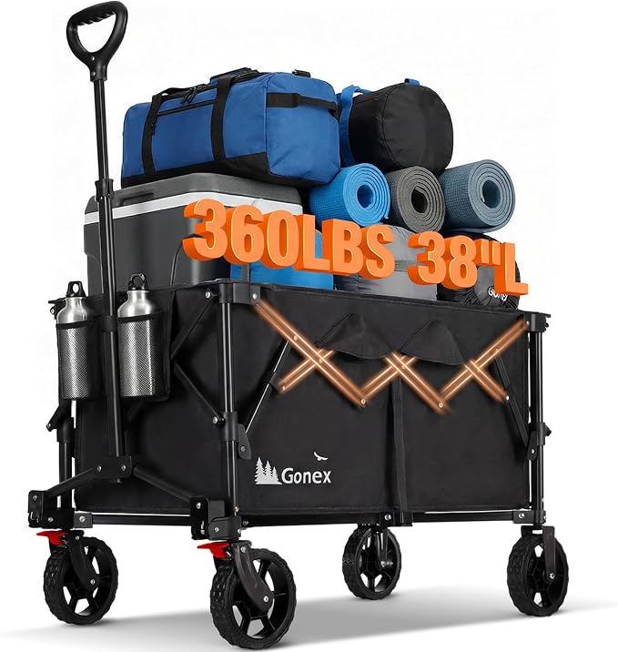 Gonex 38''L Collapsible Foldable Wagon Cart with 360lbs Weight Capacity,220L Folding Utility Garden Cart with Detachable Wheels for Grocery Sports Shopping Camping - Black