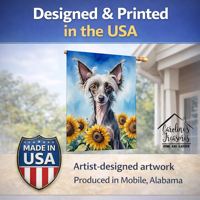 Caroline's Treasures DAC6053CHF Chinese Crested in Sunflowers House Flag Large Porch Sleeve Pole Decorative Outside Yard Banner Artwork Wall Hanging, Polyester, House Size, Multicolor
