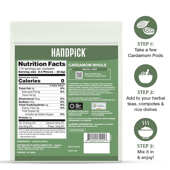 HANDPICK Green Cardamom Pods (57g / 2oz) Large size Green Elaichi | Pure, Non-GMO, Gluten Free | 100% Raw from India | Resealable Zip Lock Pouch
