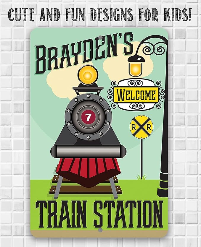 Personalized Train Station - Cute Railroad Crossing Decor, Baby Boy Room Accessories, Playroom Decoration and Custom Baby Shower Gift, 8x12 or 12x18 Use Indoors or Outdoors Durable Metal Sign