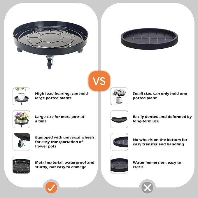16 Inch Heavy Duty Plant Stand on Wheels, Round Plant Caddy with Wheels for Indoor & Outdoor Use, Metal Rolling Tray for Potted and Small Furniture (Black 2 Pcs)