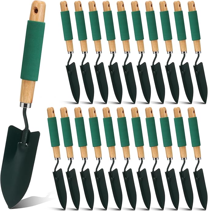 Lasnten 24 Pcs Garden Metal Shovel Digging Trowel Wood Handle Flower Soil Planting Tool for Community Volunteer Gardening Home Lawn Farm Flower Seed Plant Planting Weeding Gardening, green