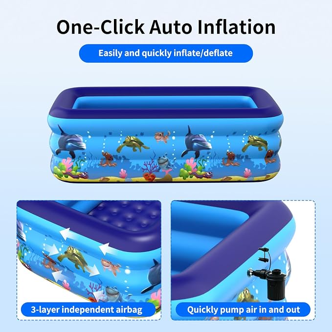 HAIKE Inflatable Pool for Adults and Kids, Family Full-Sized 3 Layer Thickened Swimming Pools, Rectangle Blow Up Pool for Backyard Garden, Kids Pool for Summer Outdoor Water Party (70.9"x51.2"x22")