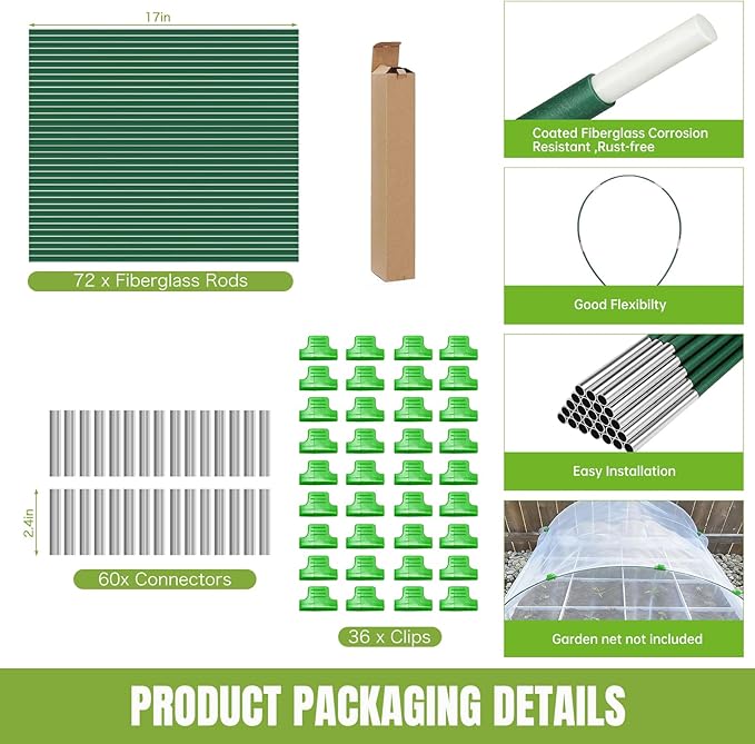 72 PCS Garden Hoops Greenhouse Hoops, Durable Plastic Coated Fiberglass Garden Tunnel for Raised Beds, DIY Plant Support Stakes for Garden Netting & Row Cover, Rust-Free Frames