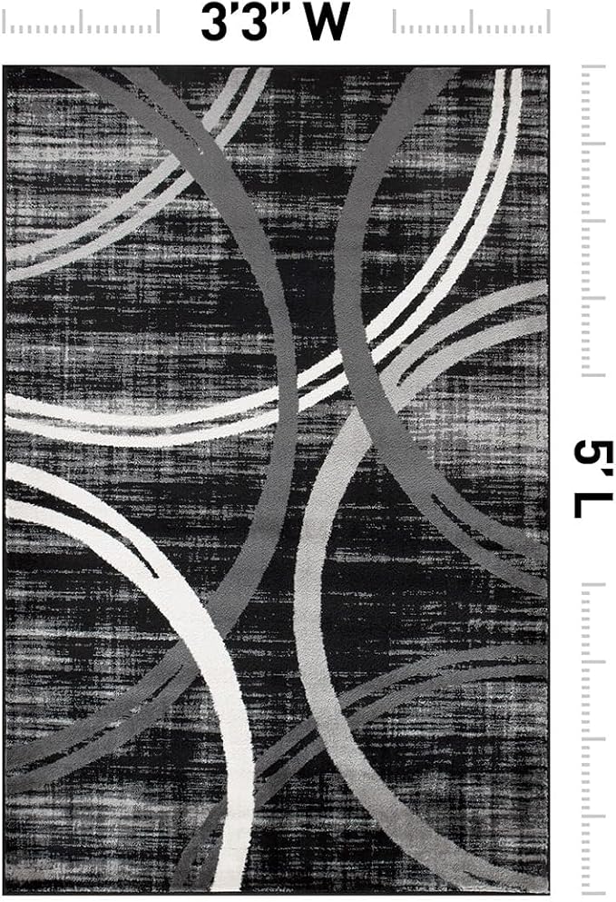 Rugshop Wavy Circles Modern Fade-Resistant Area Rug Black 3'3" x 5' | Rectangular, Size 3'3" x 5', Living Room, Bedroom, Dining Room, Home Office, Kitchen, Entryway, Hallway, Nursery, Kids Room