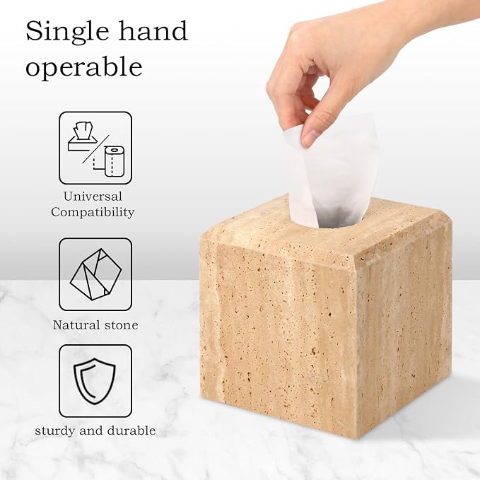 Natural Marble Square Tissue Box Cover,Stone Modern Decorative Sturdy Napkin Box Holder Case,Facial Paper Organizer for Bathroom Vanity Toilet Countertop,Kitchen (1, Travertine, 5.71 * 5.71 * 5.51)