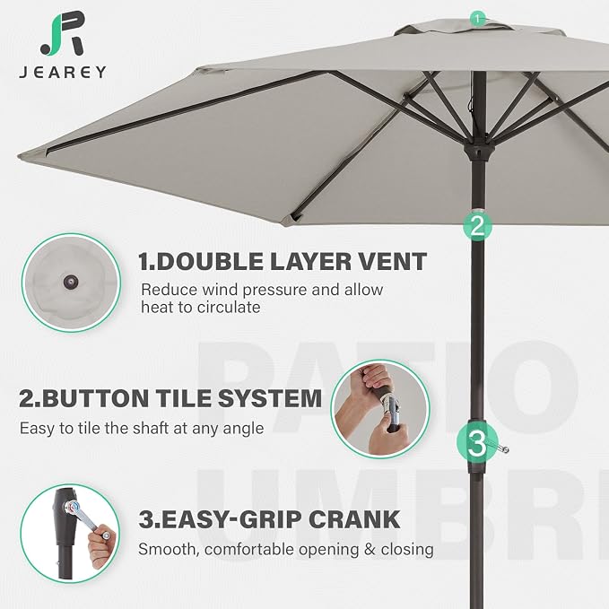 JEAREY 7.5FT Patio Umbrella Market Table Umbrella with 6 Sturdy Ribs, Push Button Tilt/Crank Outdoor Umbrella for Garden, Deck, Backyard, Pool and Beach,Light Grey